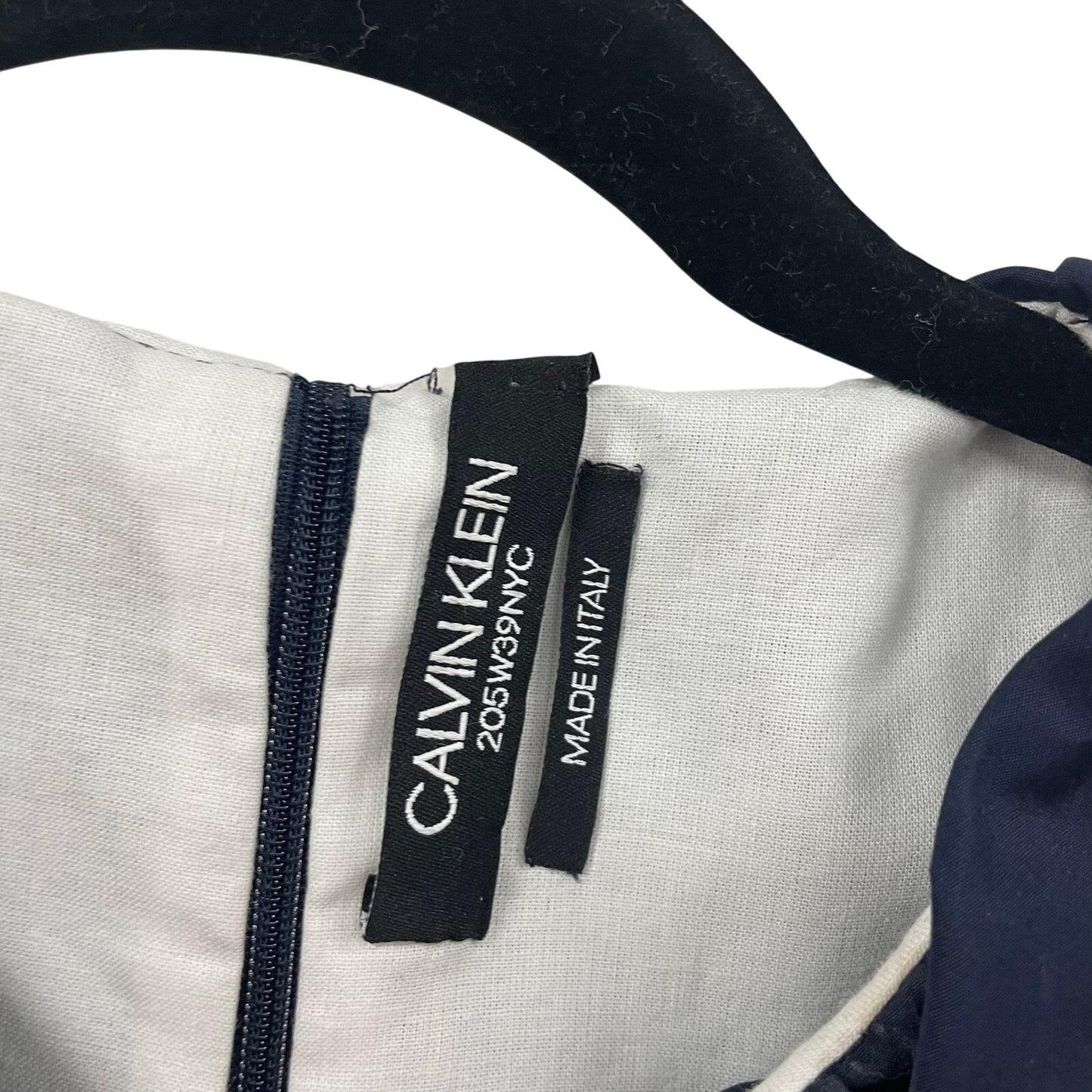 Calvin Klein 250W39NYC Made in Italy Drawstring Ruff Neck Poplin Dress Navy US 6