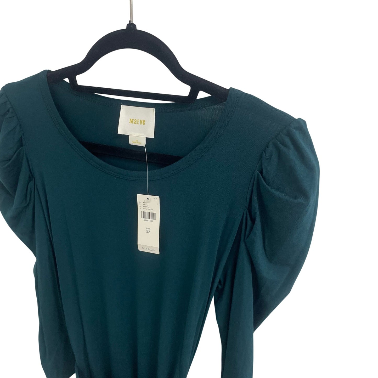 NWT Anthropologie Maeve Ceres Ruched Tie Waist Dress Dark Holly Green Size XS