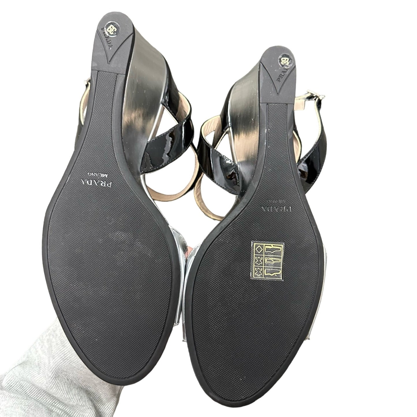 Prada Metallic Silver & Black Slingback Adjustable Wedge Sandal 39 / US 9