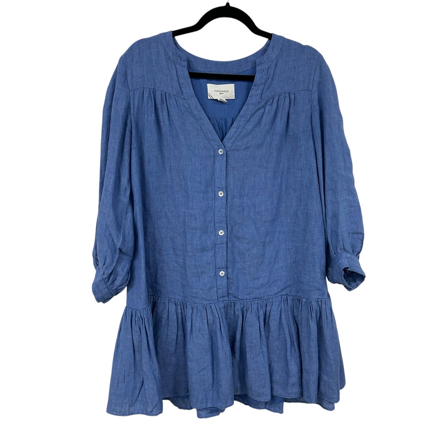 Pomander Place Lake Blue Linen Blend Split Neck Frankie Dress Womens Small
