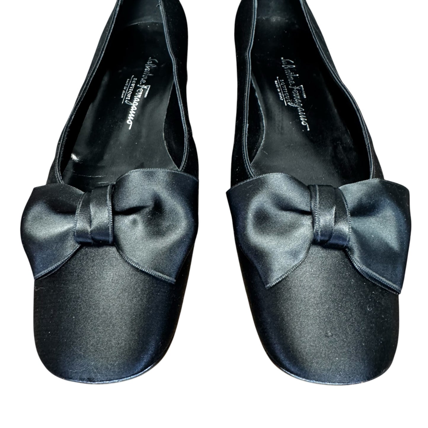 Salvatore Ferragamo Black Satin Bowtie Ballet Flats Womens 10
