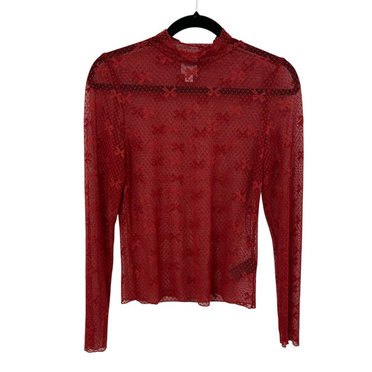 Maeve Red Sheer Bow Print Lace Long Sleeve Turtleneck Pullover Top Womens Small