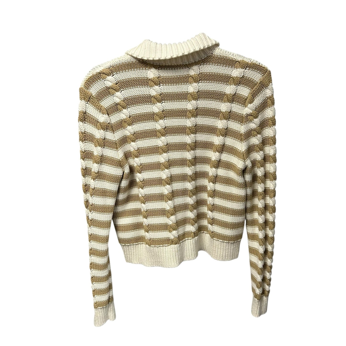 Ann Taylor Weekend Tan White Striped Cable Knit Cardigan Sweater Womens Medium