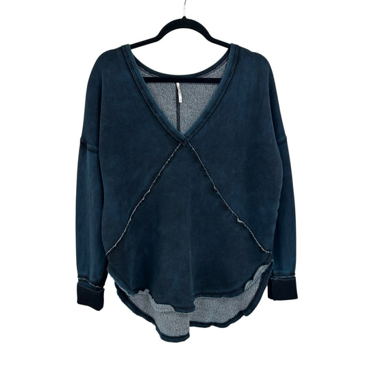 Free People Indigo Blue Western V Neck Pullover Fleece Sweatshirt Womens Small
