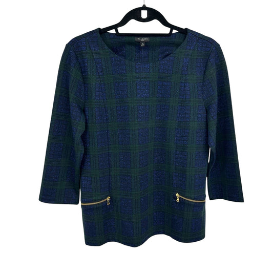 NWT Talbots Navy Green Metallic Plaid Print 3/4 Sleeve Top Womens Petite Medium