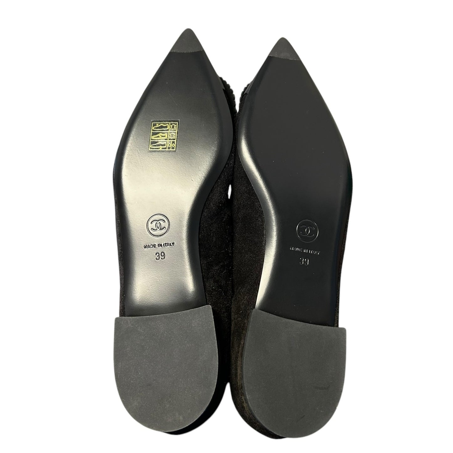 Chanel Black Suede Camelia Flower Faux Pearl Pointed Toe Flats Womens 39 / US 9