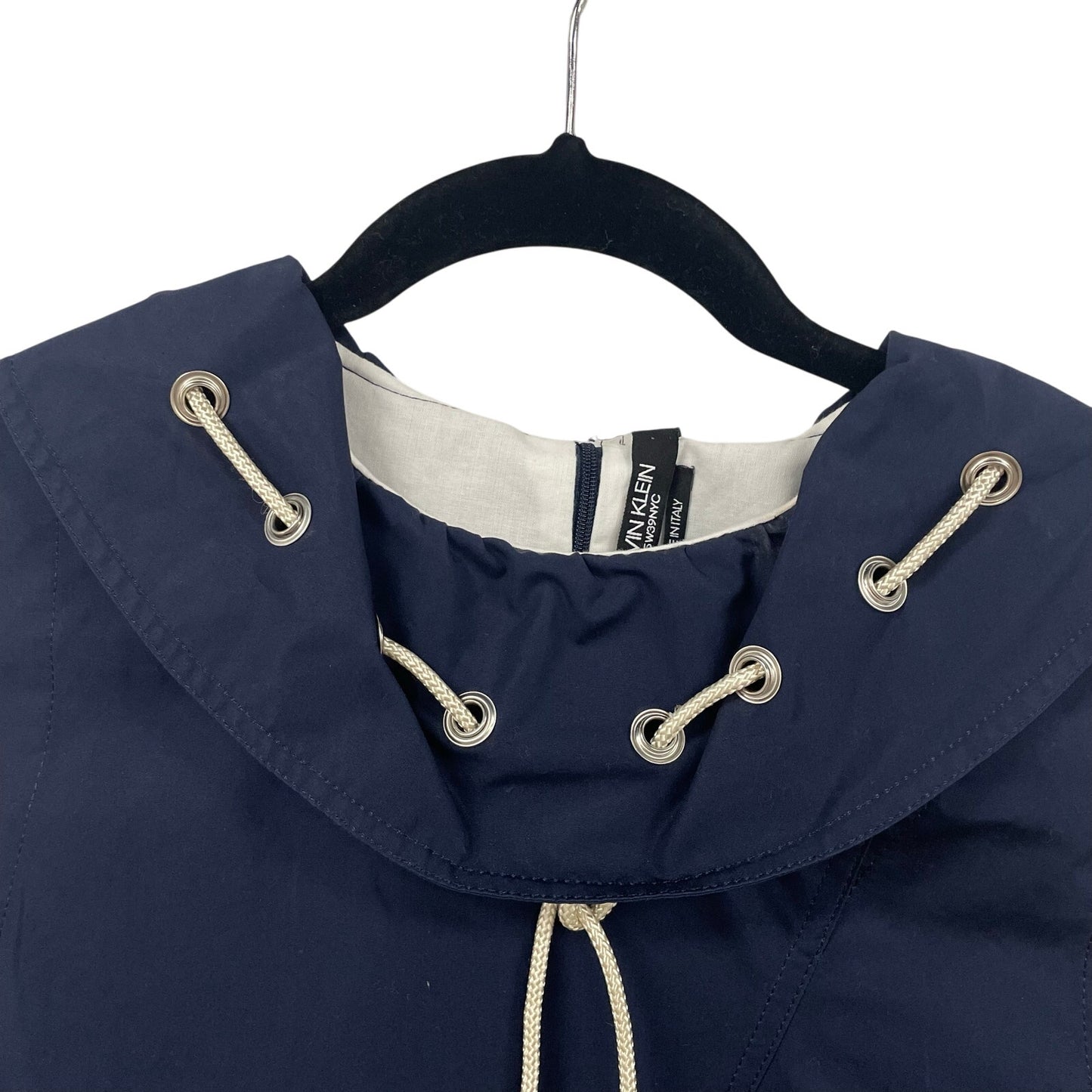 Calvin Klein 250W39NYC Made in Italy Drawstring Ruff Neck Poplin Dress Navy US 6
