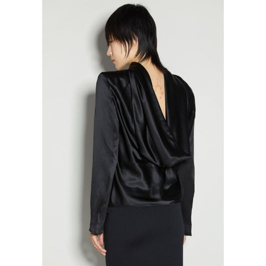 NWT Saint Laurent Black Long Sleeve High Neck Cowl Back Silk Blouse Womens 4