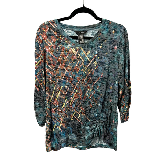 Ali Miles Abstract Crinkle Burnout Knit V Neck 3/4 Sleeve Tunic Top Womens Small