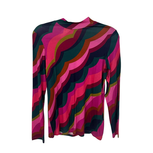 NWT Trina Turk Multi Scallop Print Long Sleeve Mock Neck Pierce Top Womens Small