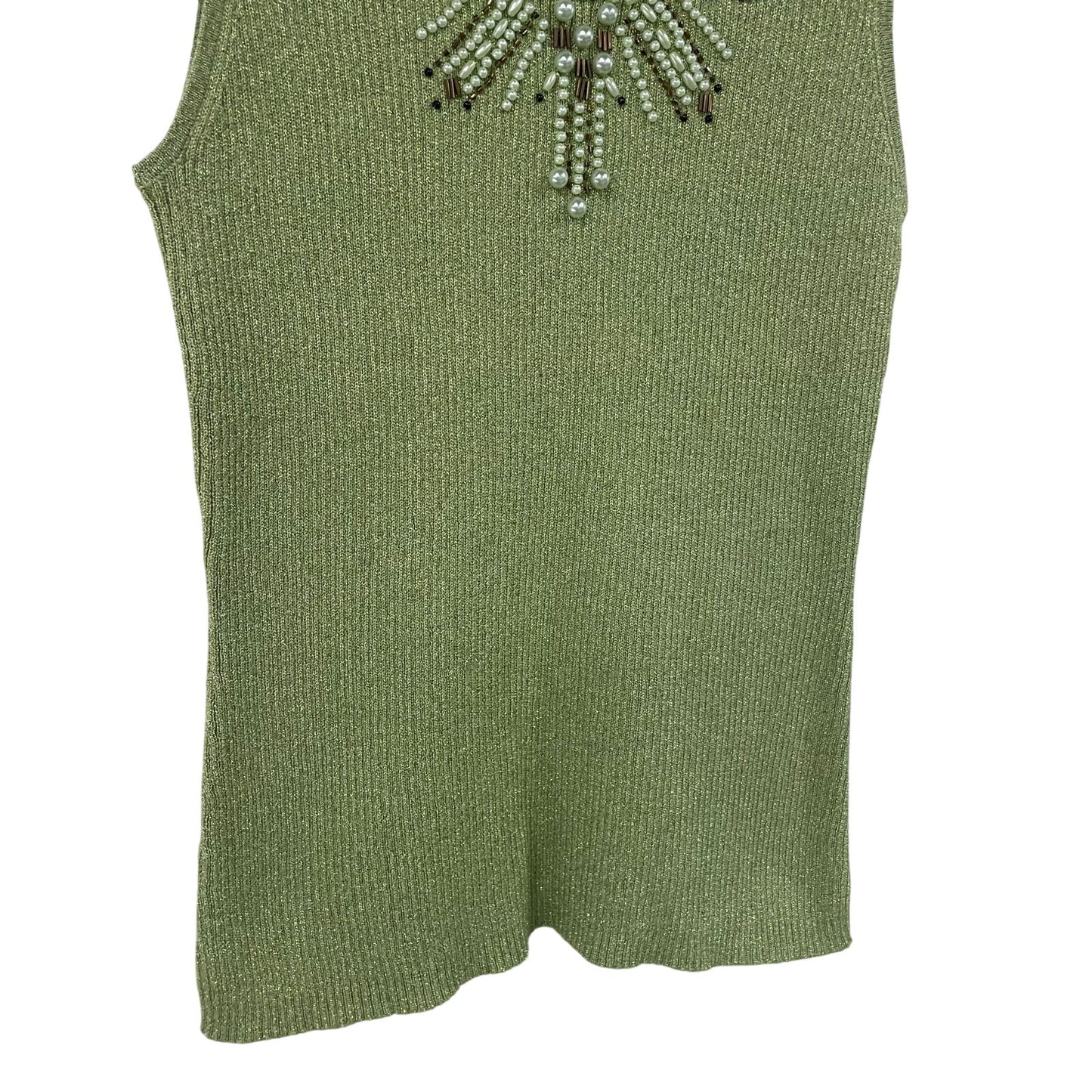 Vintage Christine Phillipe Metallic Knit Beaded Mock Neck Tank Top Green Small