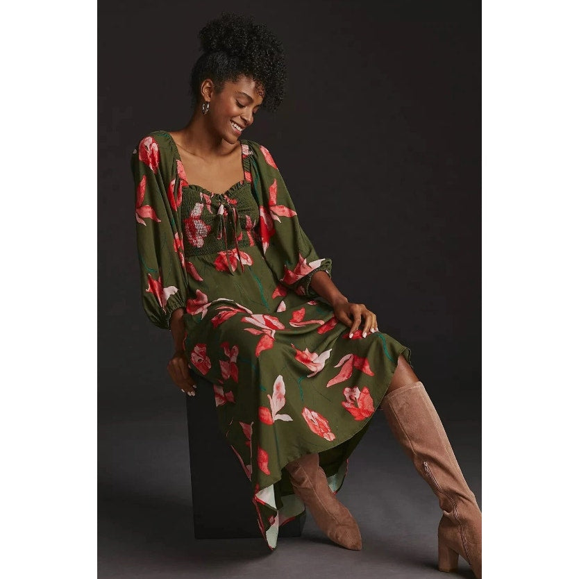 Hutch Anthropologie Green Floral Print Sweetheart Bow Front Dress Womens Small