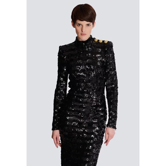 NWT Balmain Black Sequin Gold Button High Collar Fitted Long Maxi Dress Women 36