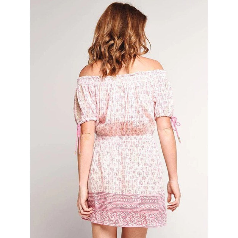 Alicia Bell Pink Ivory Short Puff Sleeve Smocked Cotton Mini Dress Womens Small