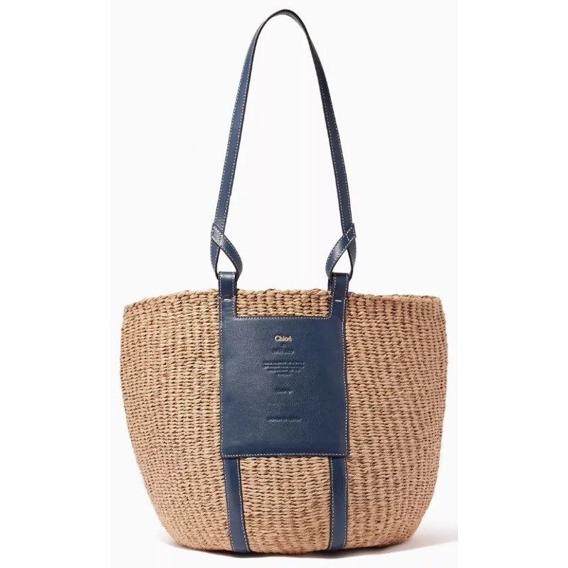 Chloe x Mifuko Large Raffia Basket Tote in Fair Trade Paper & Navy