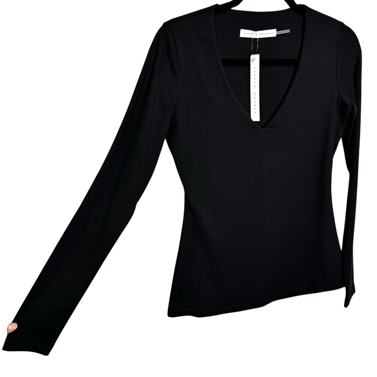 NWT Susana Monaco Black Signature Stretch V-Neck Long Sleeve Top Womens Small