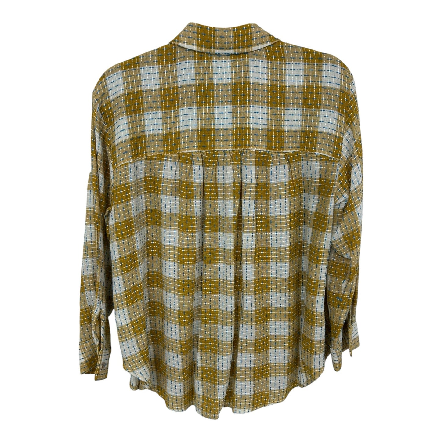 Pilcro Yellow Plaid Blue Stitched Button Down Shirt Womens Size Petite Medium