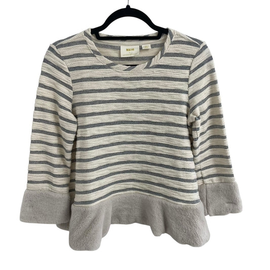 Maeve by Anthropologie Astor Faux Fur Trimmed Pullover Cream Gray Striped XS