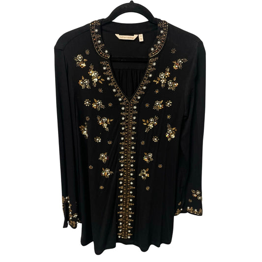 Soft Surroundings Festa Tunic Top Black Gold Beaded Floral Womens Size Small