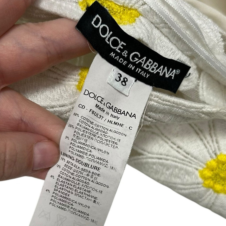 Dolce & Gabbana White Yellow Daisy Macrame Sheath Mini Dress Womens 38 / US 2