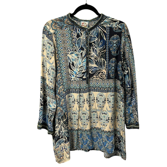 Johnny Was Blue Cream Carly Jessa 100% Silk Printed Tunic Top Womens Size Large