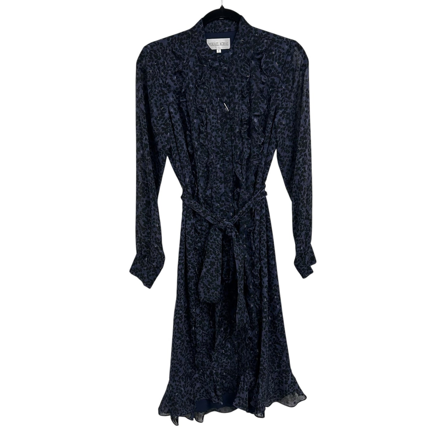 NWT Mikael Aghal Printed Metallic Fil Coupé Chiffon Midi Dress In Navy Womens 8