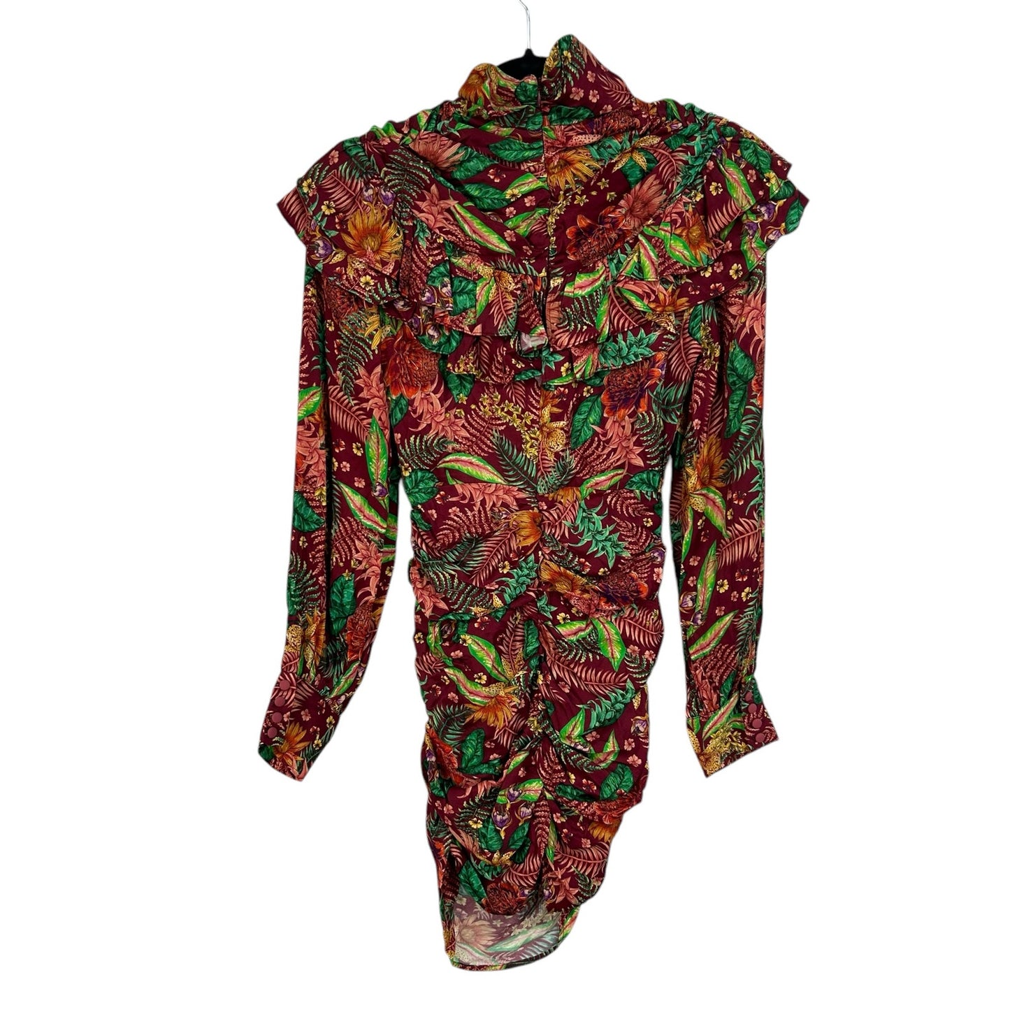 Farm Rio Multicolor Tropical Print Ruffle Long Sleeve Bodycon Dress Small