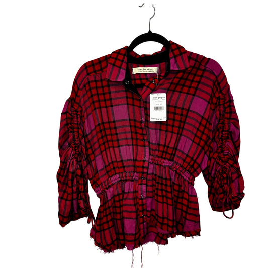 NWT Free People Red Pink Plaid Drawstring Sleeve Button Down Top Womens X-Small