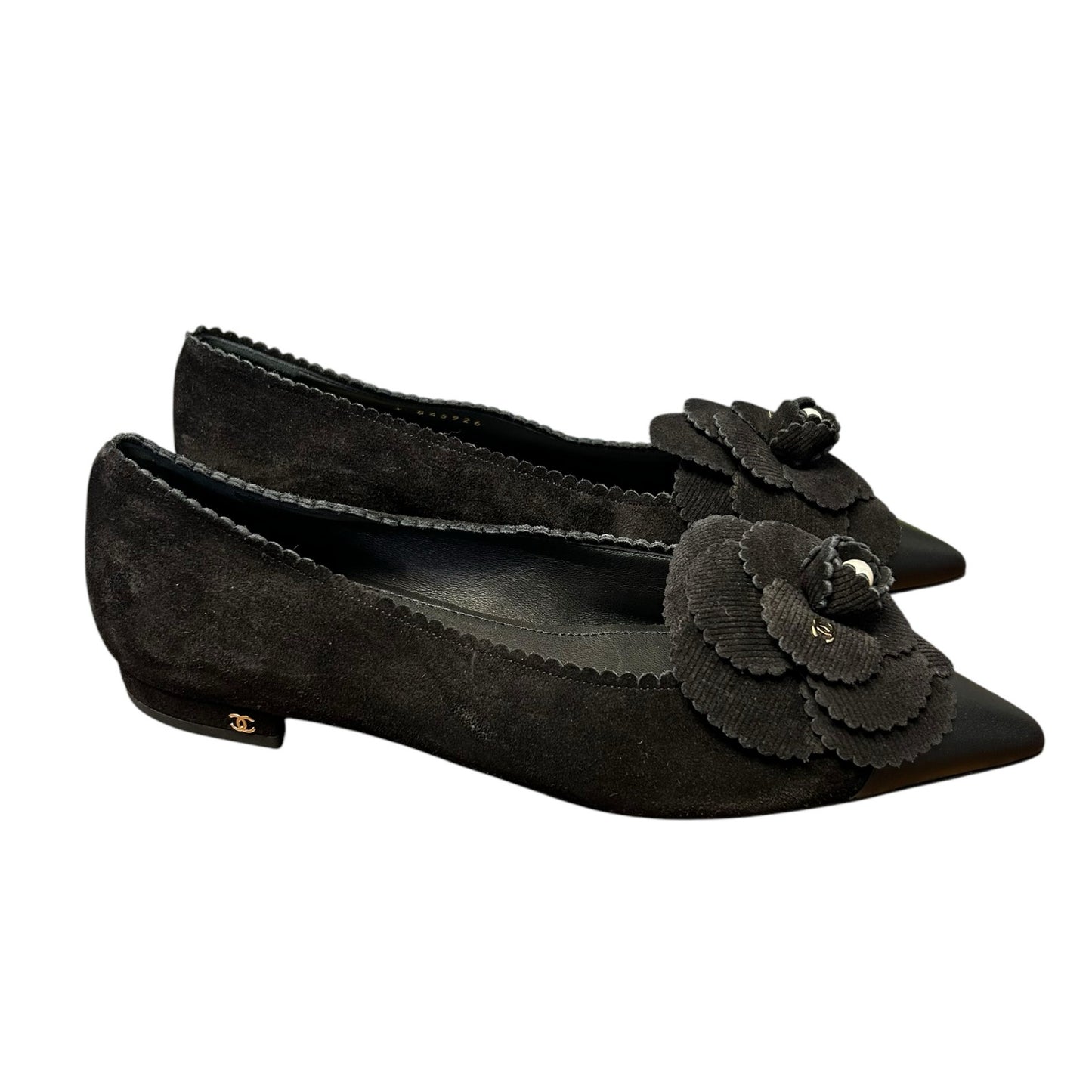 Chanel Black Suede Camelia Flower Faux Pearl Pointed Toe Flats Womens 39 / US 9
