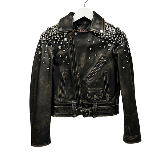 Golden Goose Black Distressed Leather Jacket with Crystals Womens 38 / US 2