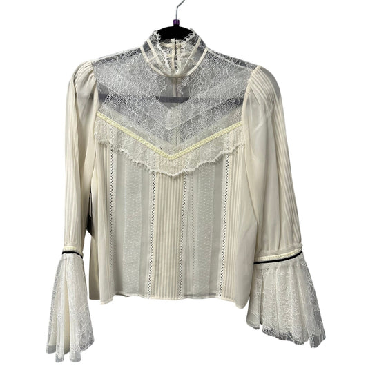 NWT Alice + Olivia Brett Victorian Sleeve Trumpet Neck Blouse Cream Womens Small
