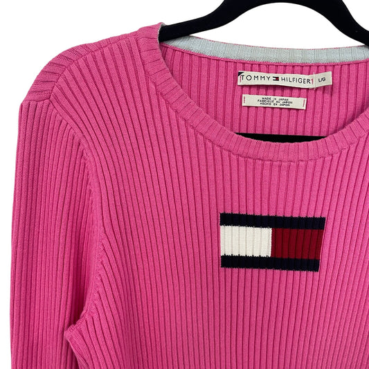 Y2K Tommy Hilfiger Pure Cotton Ribbed Knit Logo Sweater Pink Womens Large