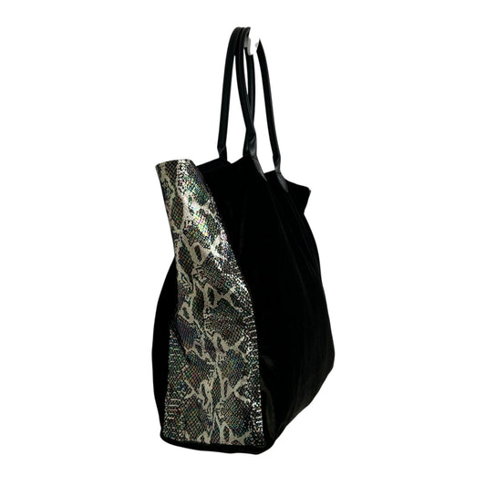 Momo Anthropologie Dark Green Velour Metallic Snakeskin Double Handle Tote Bag