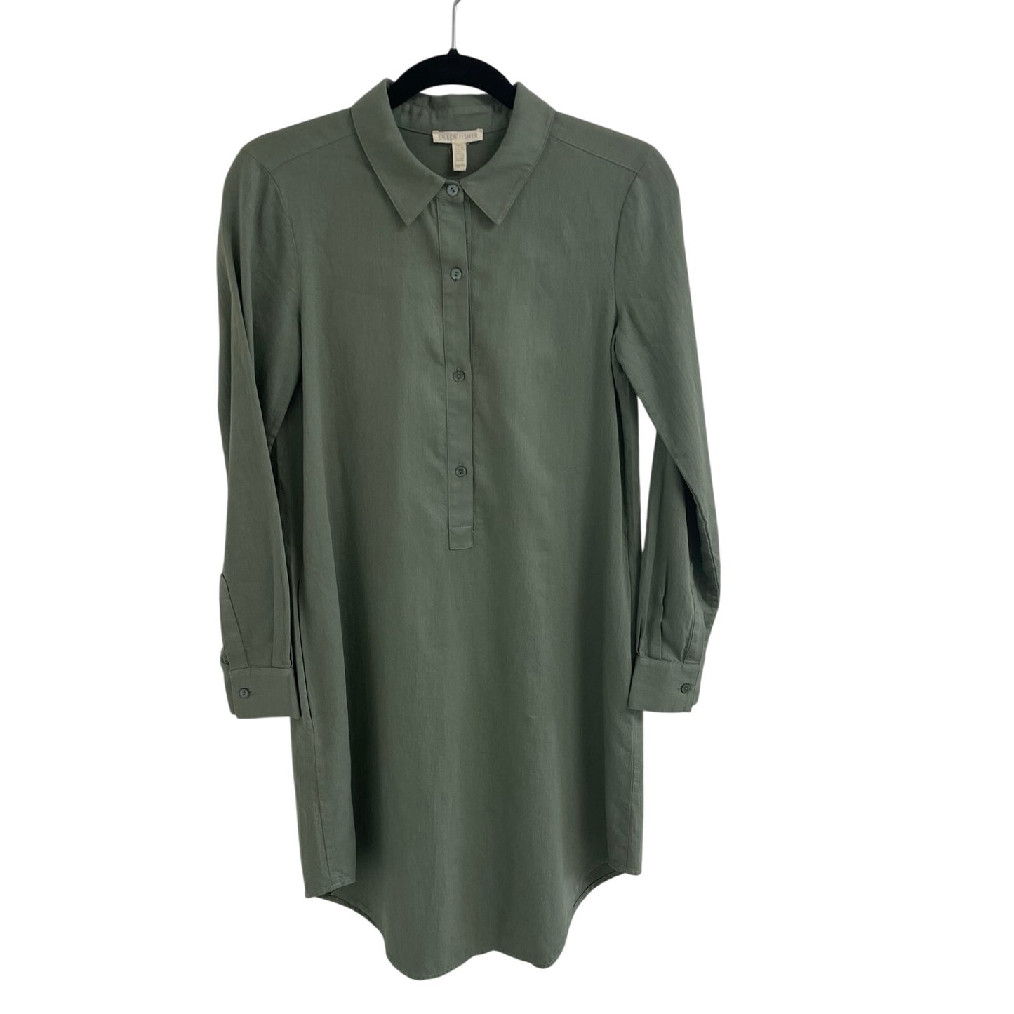 Eileen Fisher Organic Cotton Long Sleeve Light Green Twill Shirt Dress Size XXS