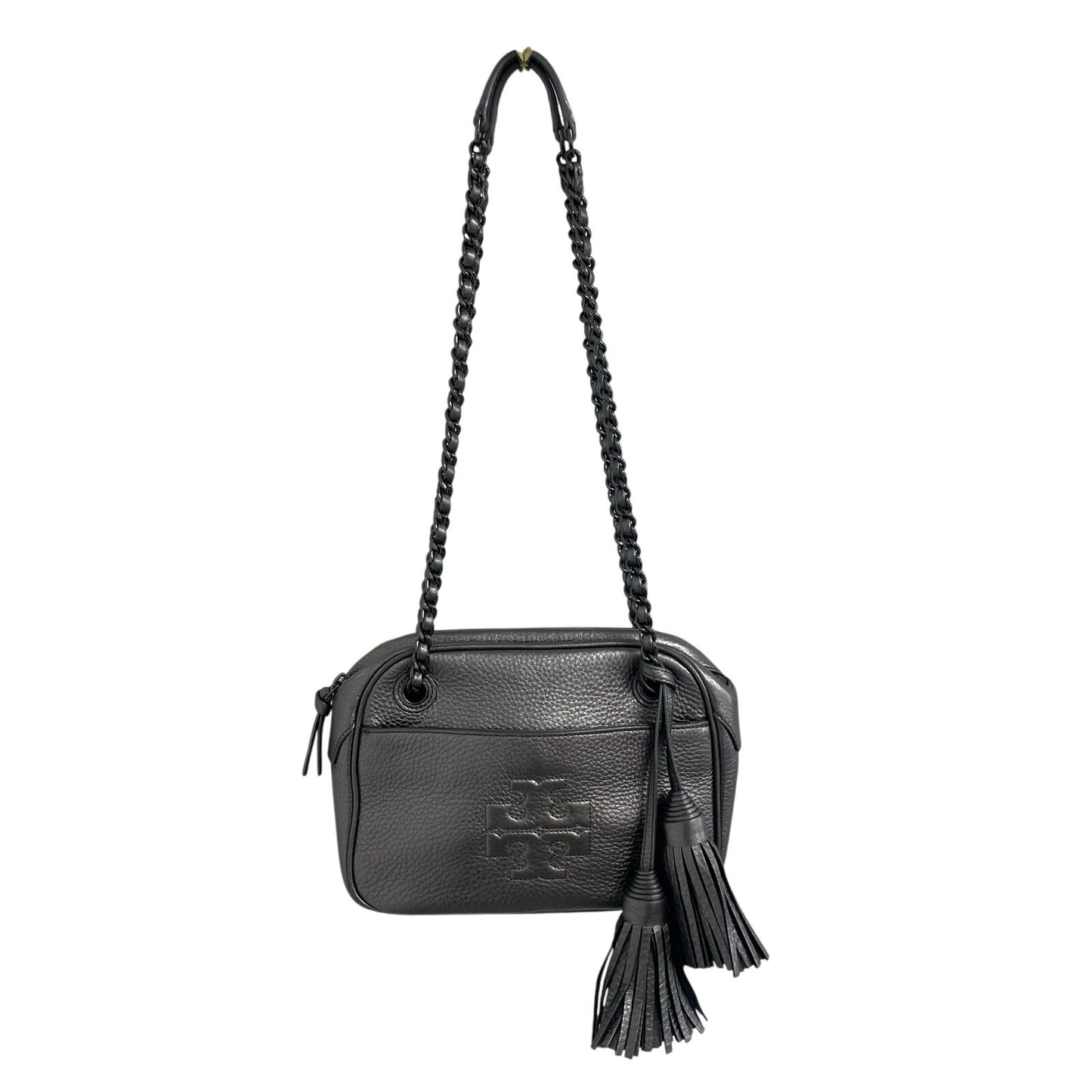 Tory Burch Thea Chain Convertible Crossbody Handbag Gunmetal Metallic Leather