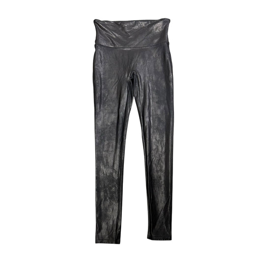 Spanx Black Shiny Faux Leather Mis Rise Pull On Leggings Womens Petite Medium