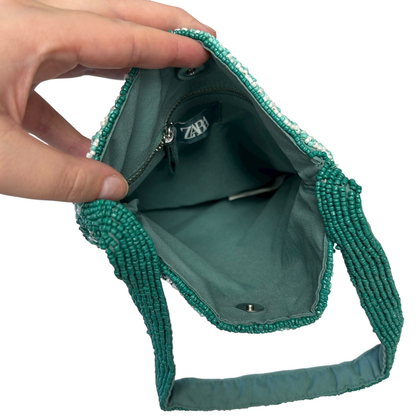 Zara Green Multicolor Beaded Sardine Fish Print Mini Bucket Single Strap Bag