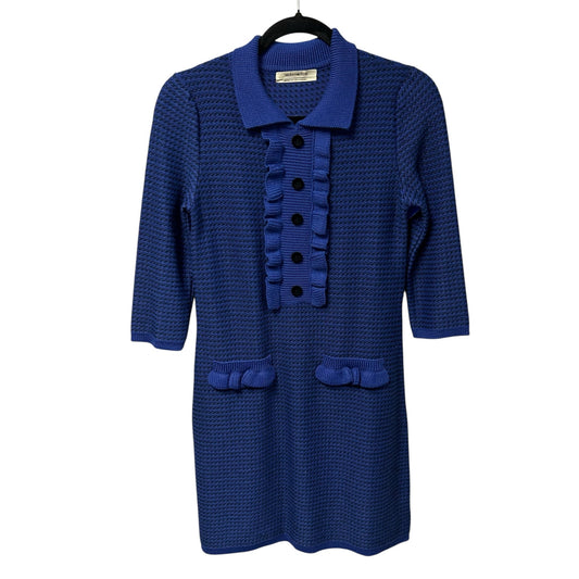 Aldomartins Blue Black Wool Blend Collared Ruffle Sweater Mini Dress Womens XS