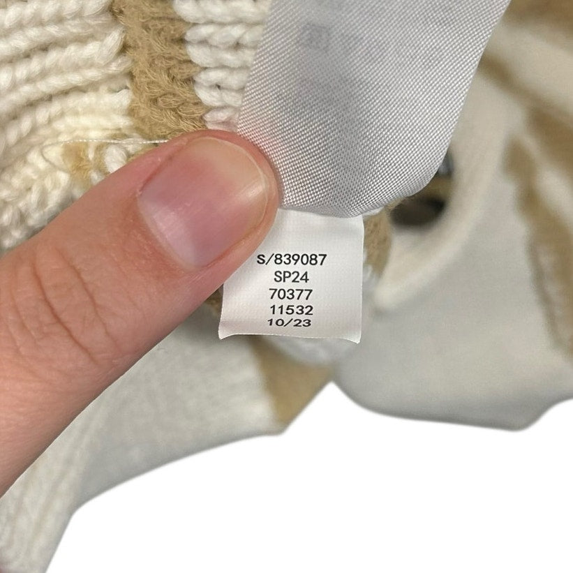 Ann Taylor Weekend Tan White Striped Cable Knit Cardigan Sweater Womens Medium