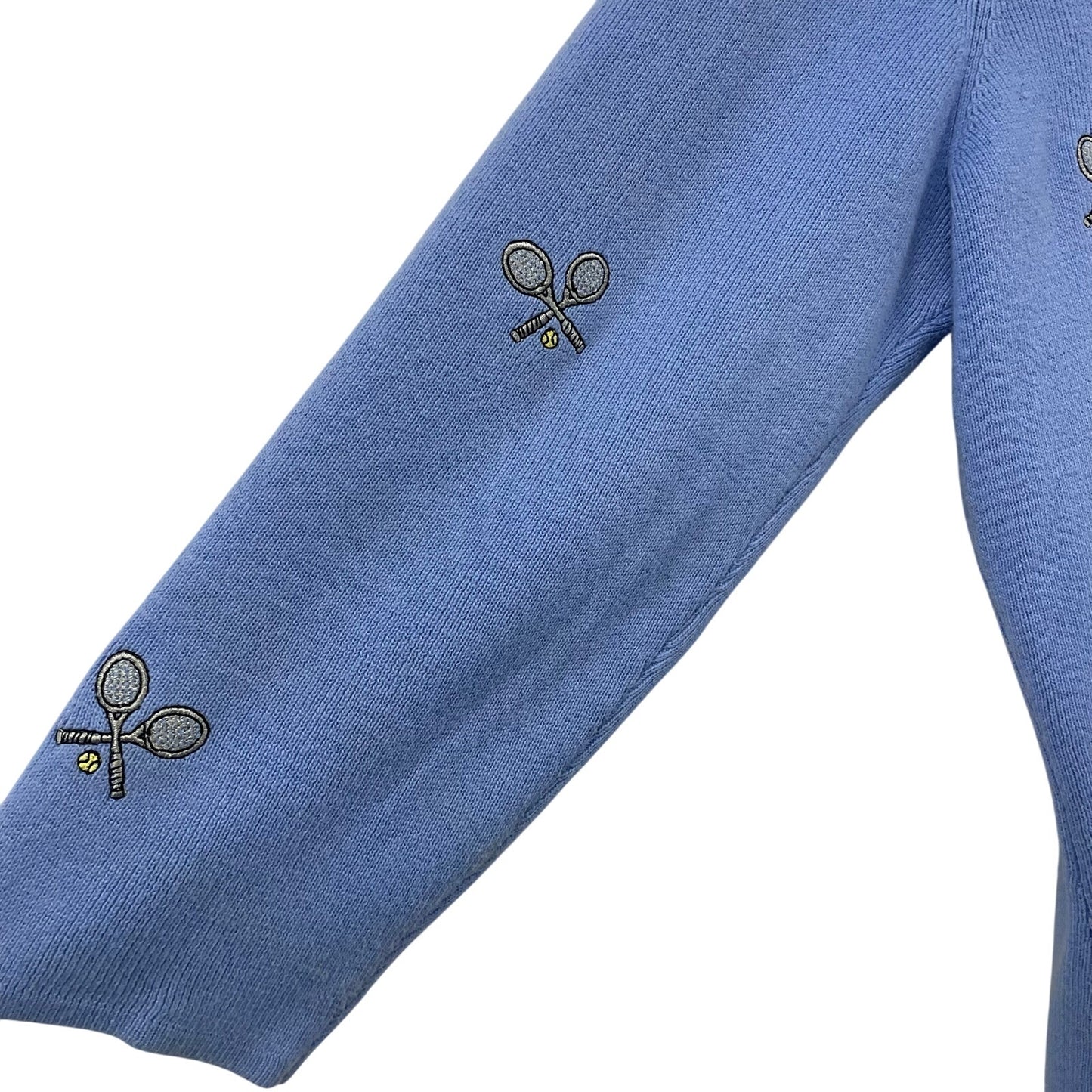 Vintage Carole Little Tennis Theme Embroidered Blue Sweater Petite Large AS IS