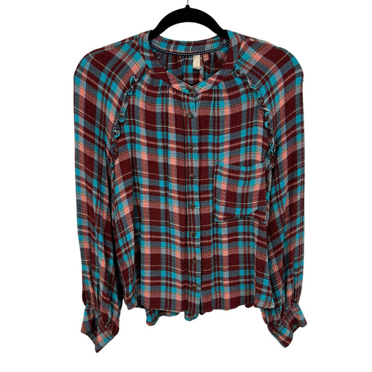Pilcro Coral Blue Multicolor Plaid Long Sleeve Button Down Womens Petite Medium