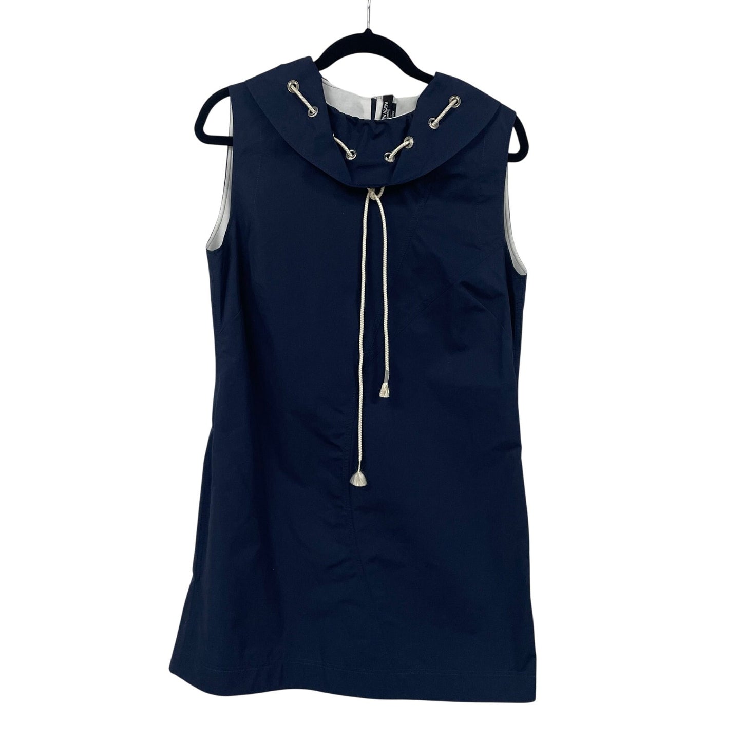 Calvin Klein 250W39NYC Made in Italy Drawstring Ruff Neck Poplin Dress Navy US 6