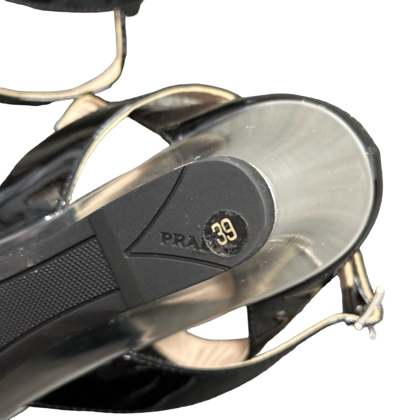 Prada Metallic Silver & Black Slingback Adjustable Wedge Sandal 39 / US 9