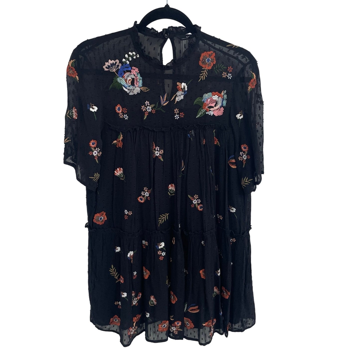 Zara Woman Mesh Dot Black Floral Embroidered Short Sleeve Dress Size Medium