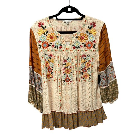 NWT John Mark Cream Multicolor Floral Print Mariposa Ruffle Top Womens Medium