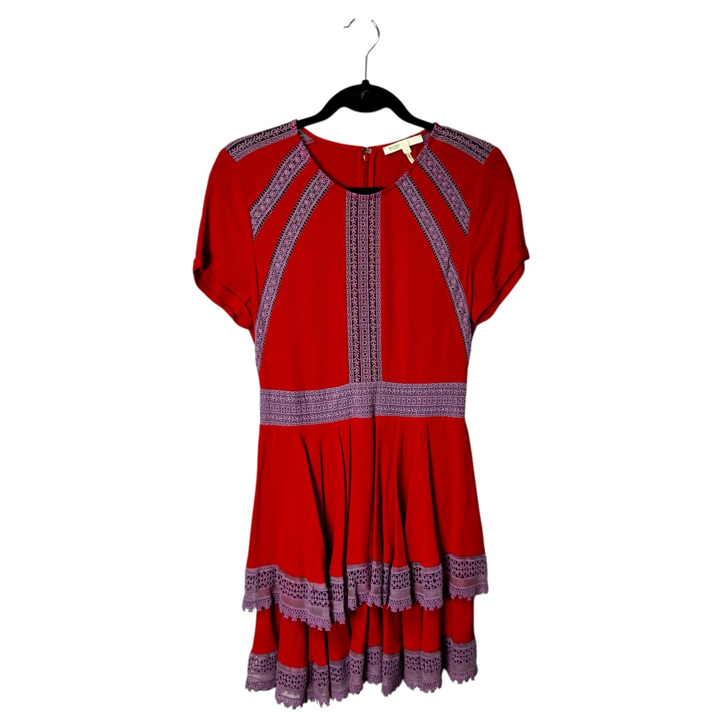 Maje Red Purple Lace Short Sleeve Raglia Flounce Tiered Mini Dress Womens 1