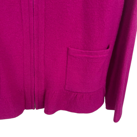 NWT Chico’s 100% Wool Ruffle Hem Renee Zip Up Cardigan Magenta Pink Womens 16