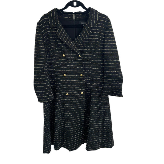Rickie Freeman Teri Jon Black Gold Metallic Double Breasted Twill Coat Dress 14