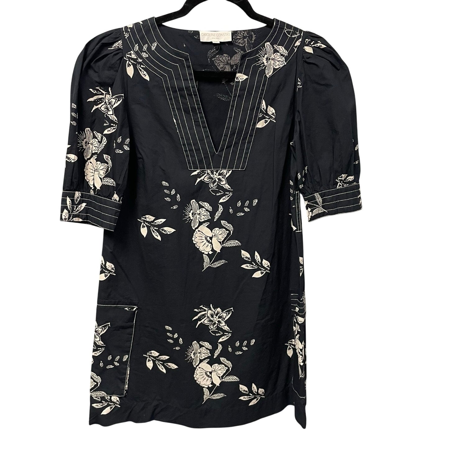 Caroline Constas Split Neck Short Sleeve Black White Floral Print Mini Dress XS