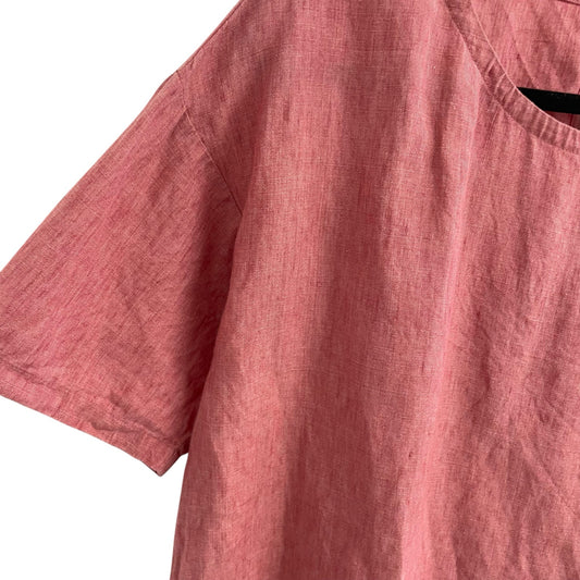 Eileen Fisher Pure Organic Linen Short Sleeve Button Back Top Light Red Medium
